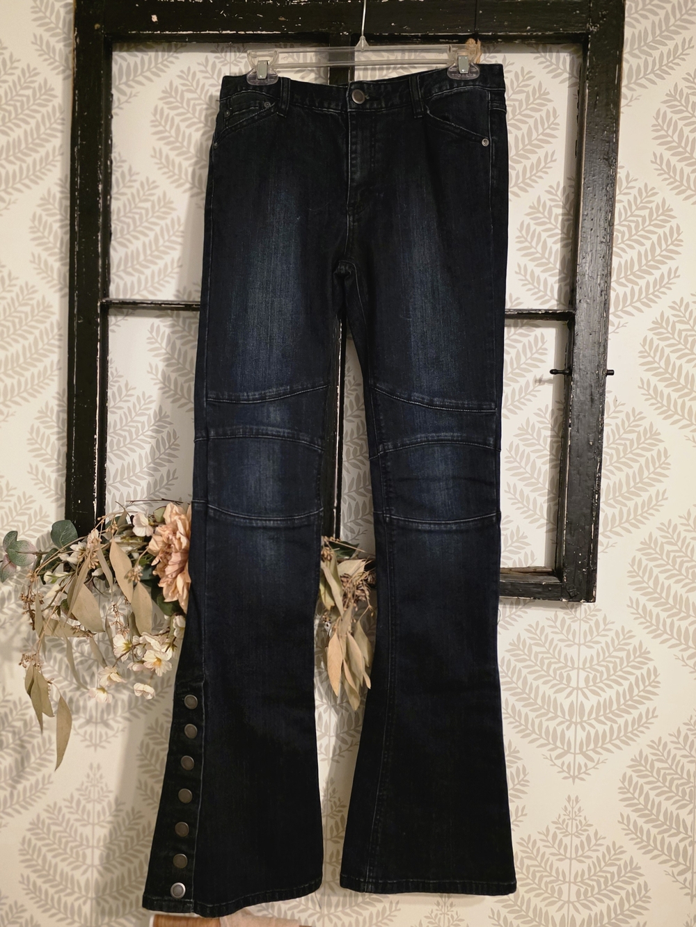 Free People Dark Indigo Flare Jeans with Hem Buttons